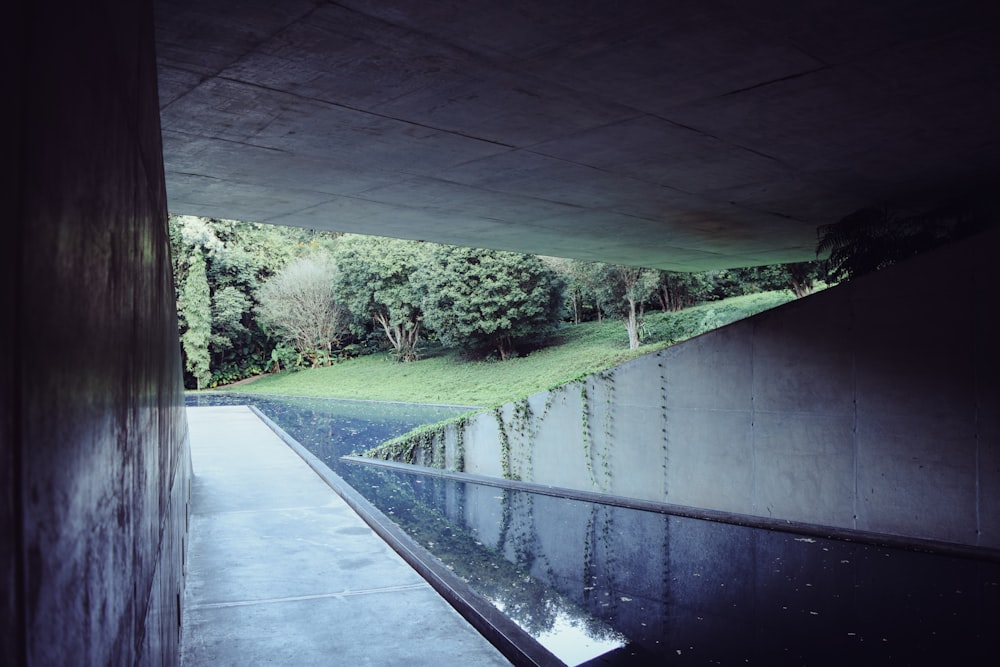 a view from under a bridge of a grassy area