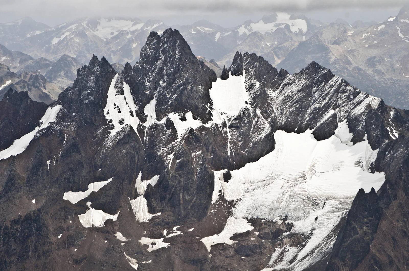 Snow on the jagged peaks of the Martial range above Ushuaia, Tierra del Fuego