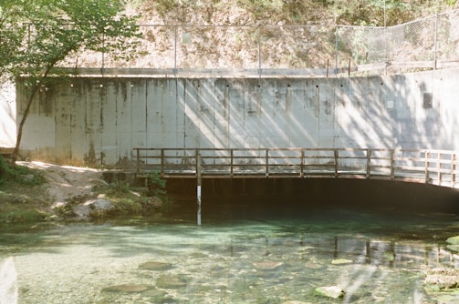 A concrete wall with a metal mesh fence on top runs across the image. A wooden bridge crosses over a clear, shallow pond or stream. Sunlight filters through the trees, casting dappled shadows on the wall and water. There are some rocks visible under the water and foliage on the left side near the bridge.