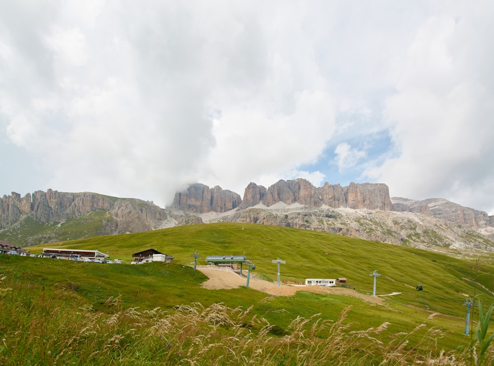 a grassy field with a mountain in the background