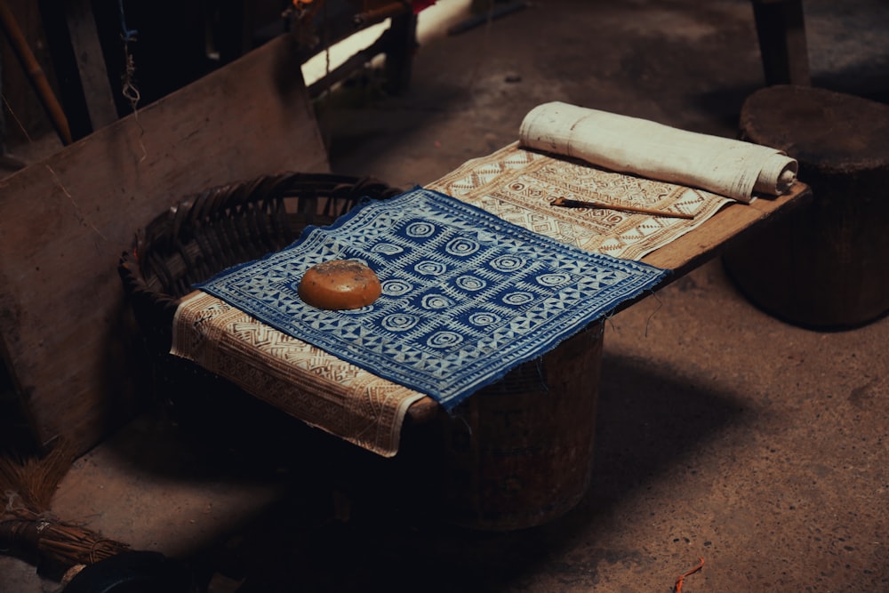 a table with a blue cloth on top of it