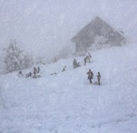 A snowy outdoor scene with people enjoying winter activities.