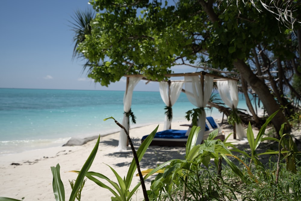 uma praia de areia branca com um gazebo sobre ele