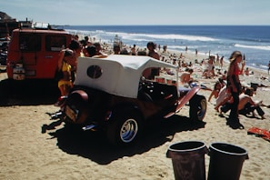 A vibrant beach scene featuring a colorful beach wagon loaded with coolers and towels under a bright sun