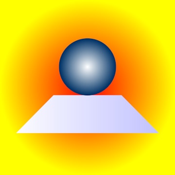 A metallic blue sphere sits atop a white, slanted platform against a vibrant background with a gradient transition from orange to yellow.