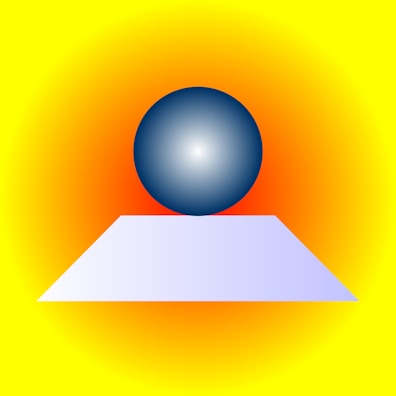 A metallic blue sphere sits atop a white, slanted platform against a vibrant background with a gradient transition from orange to yellow.