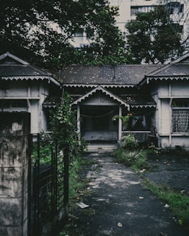 A weathered and possibly abandoned house with intricate woodwork and a tin roof is surrounded by overgrown vegetation. The mood is dark and moody, with a cloudy sky and dim lighting enhancing the feeling of neglect. The path leading to the house is cracked and covered in patches of grass.