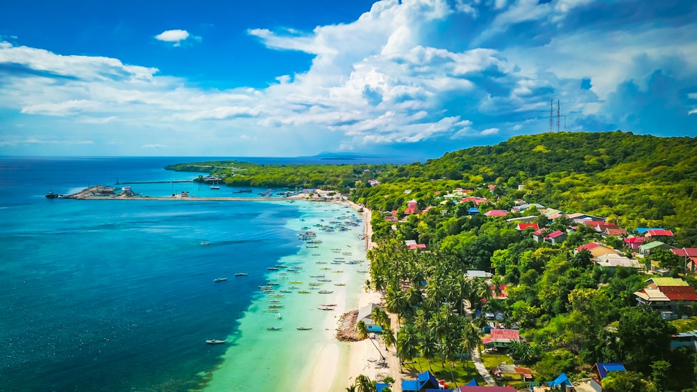 an aerial view of a beach and a tropical island