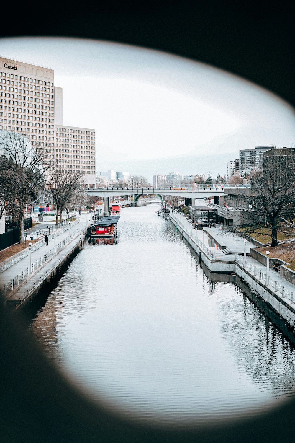 a view of a waterway in a city