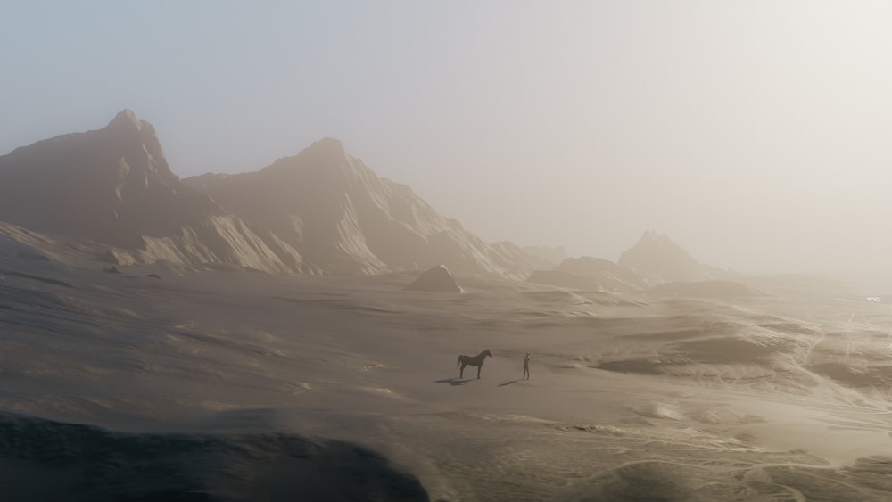 a couple of people walking across a sandy beach