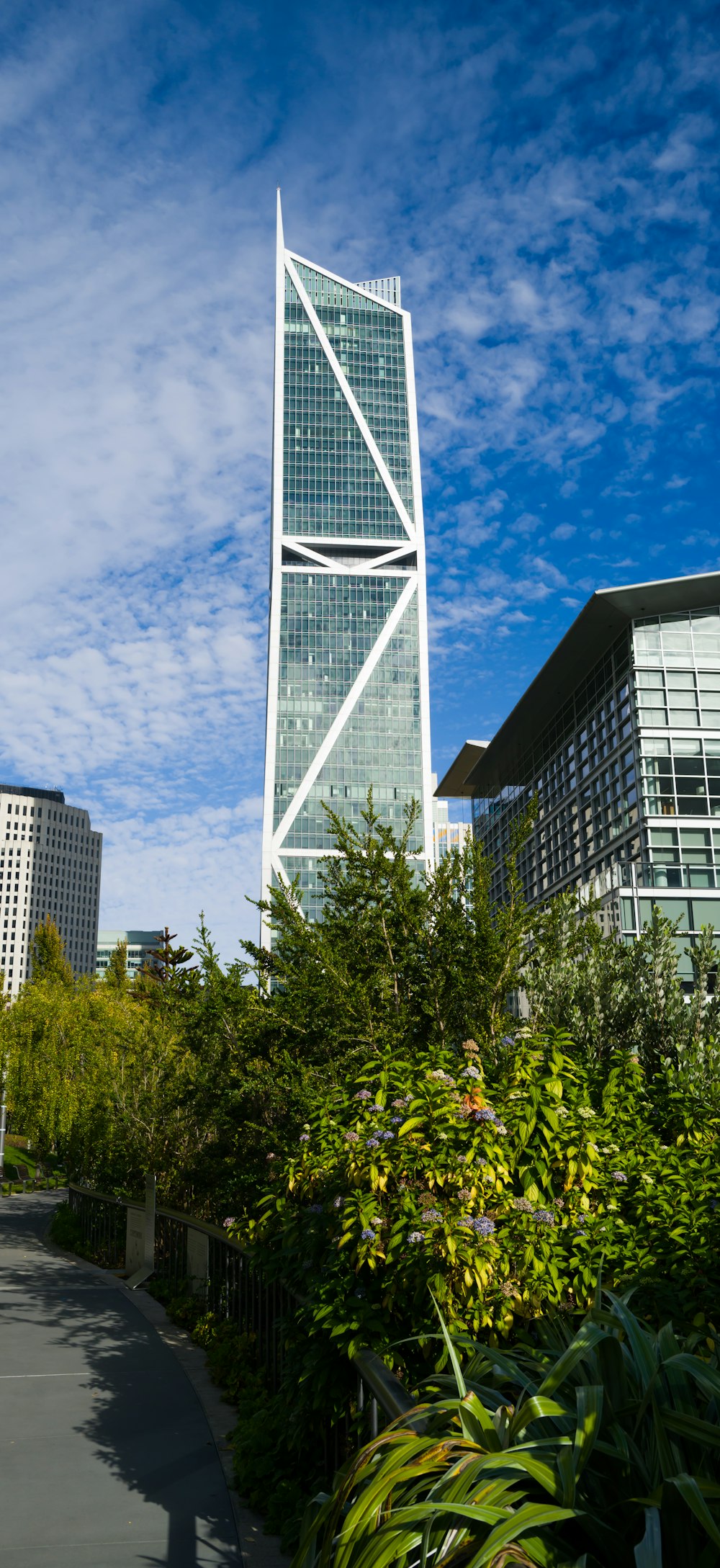 a tall building towering over a lush green park