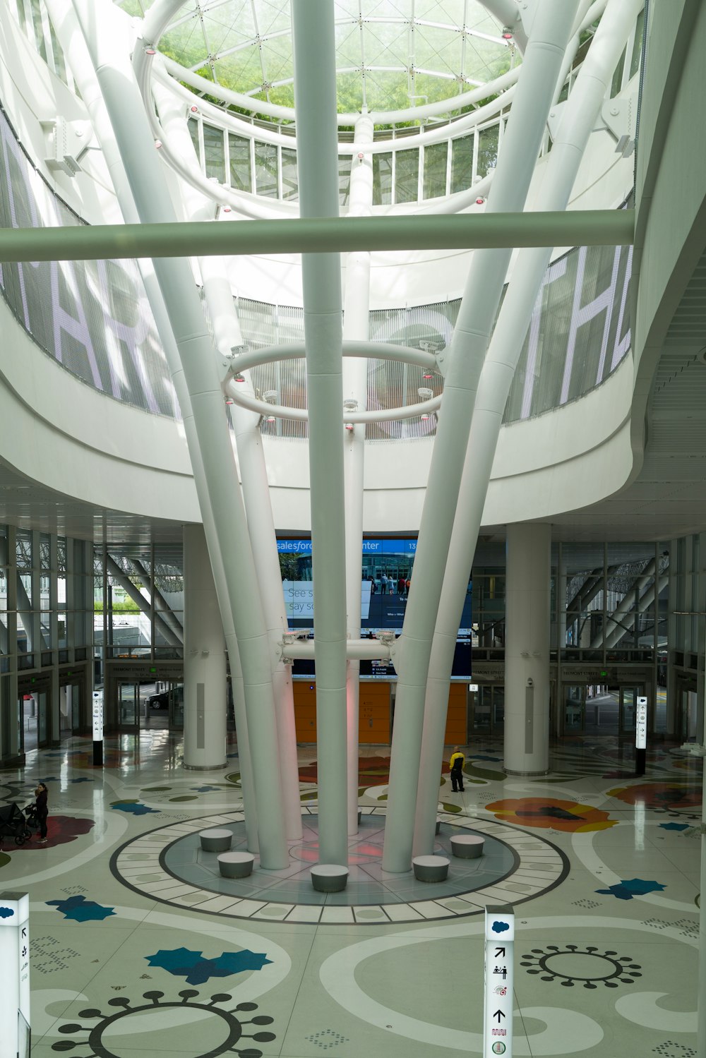 the inside of a building with a circular floor