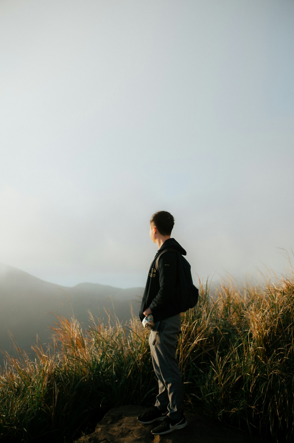 a man standing on top of a lush green hillside