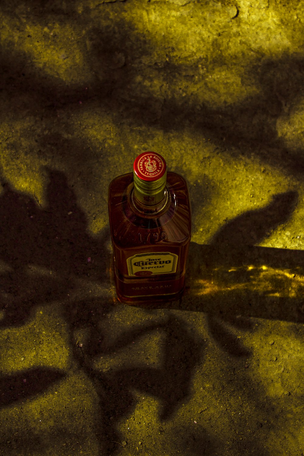 a bottle of liquor sitting on the ground