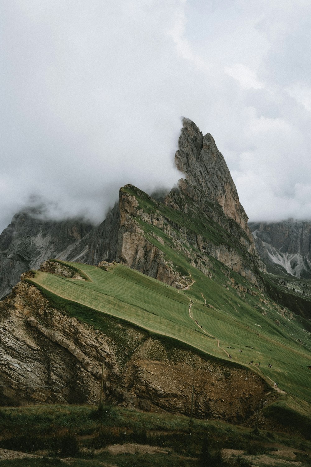 a mountain with a grassy field below it