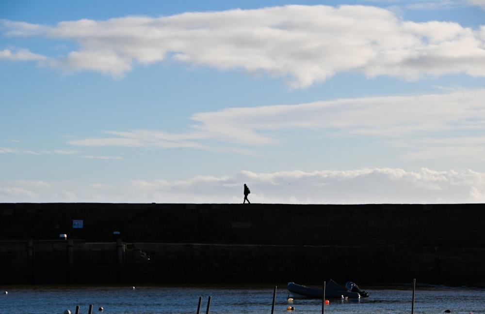 a person standing on a wall next to a body of water
