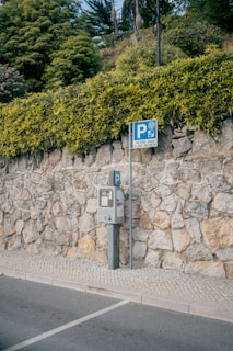 un parcmètre à côté d'un mur de pierre
