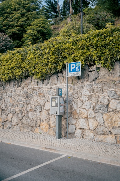 un parcmètre à côté d'un mur de pierre