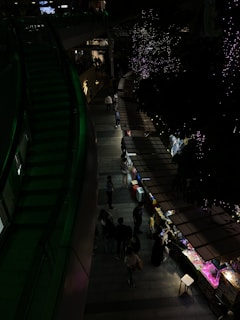 A dimly lit indoor market scene features a row of small stalls with colorful lights illuminating their displays. Several people are gathered around the stalls, examining goods or interacting with vendors. Decorative lights, possibly resembling stars, twinkle against the backdrop of dark foliage, creating a festive atmosphere.