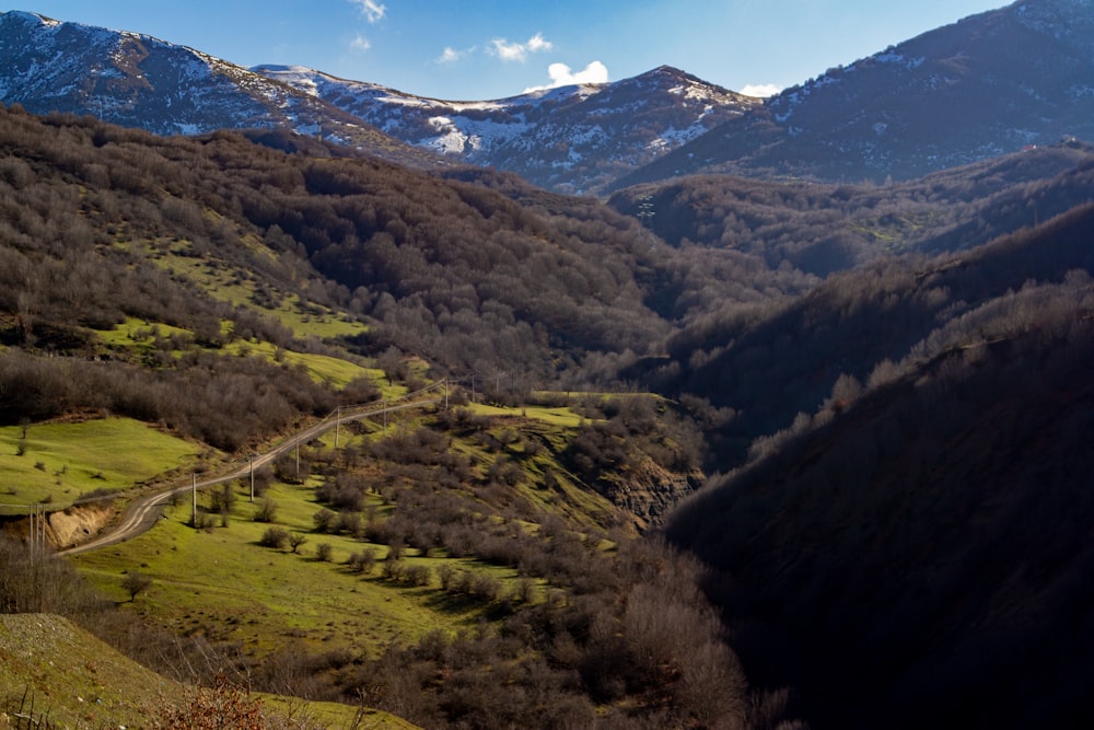 a scenic view of a valley with mountains in the background