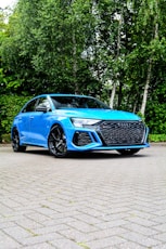 a blue car parked in front of some trees