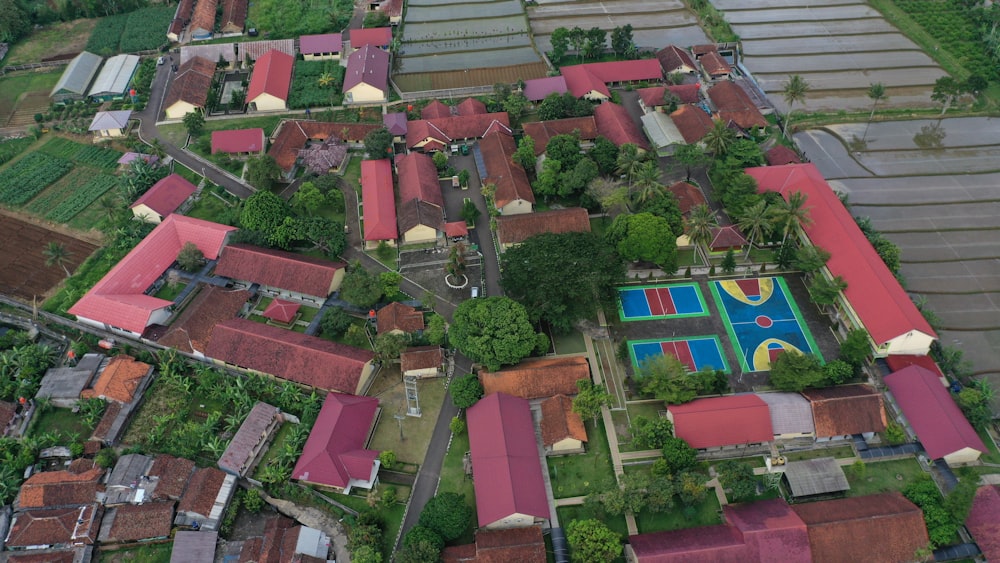 a bird's eye view of a small village