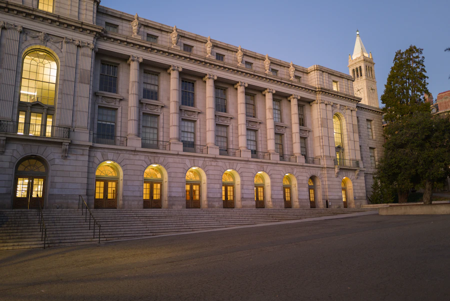 US university clock tower and academic buildings