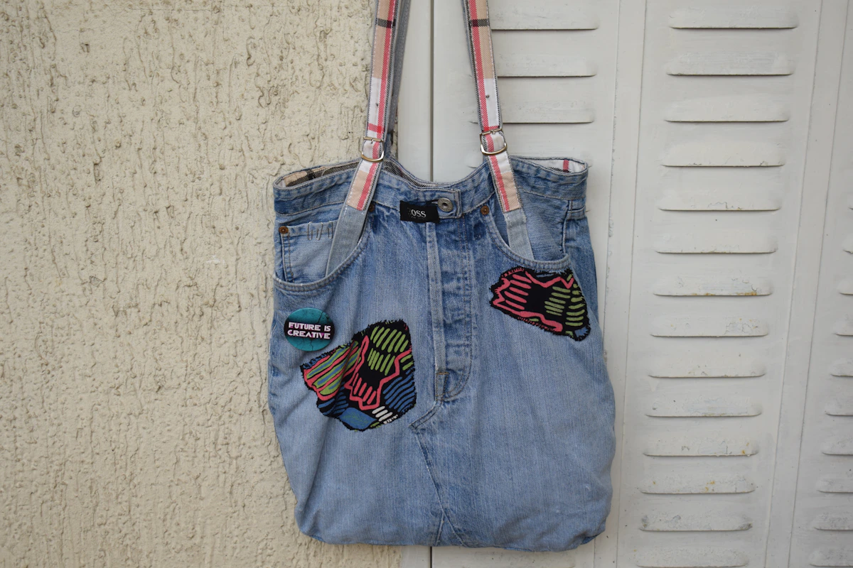 Upcycled canvas bag with unique patchwork design crafted from reclaimed materials