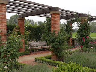 An elegant garden corner with a wooden pergola and climbing plants.