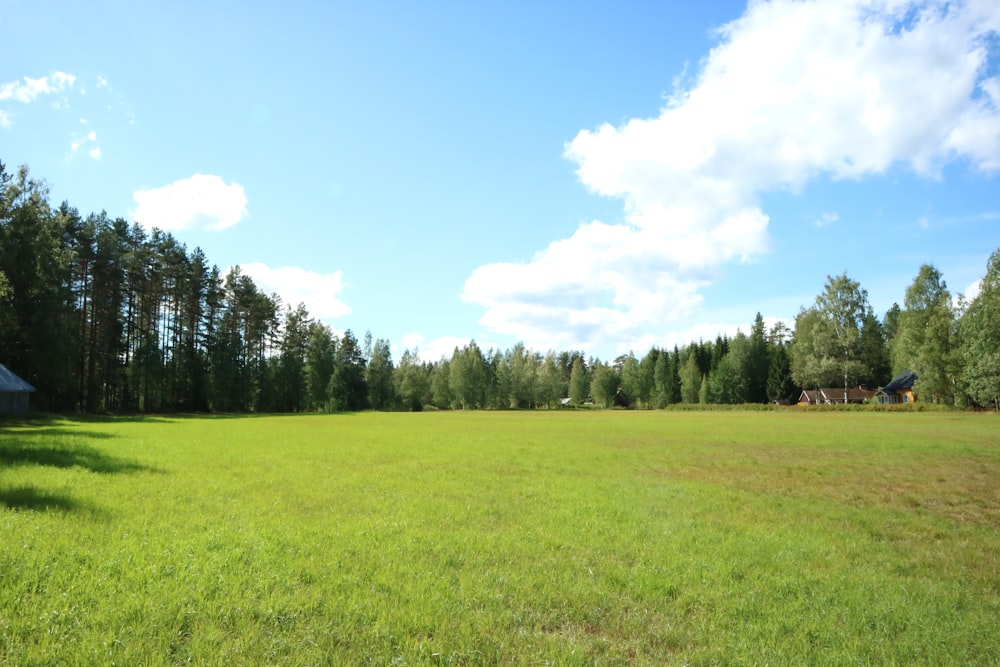 a grassy field with a house in the distance