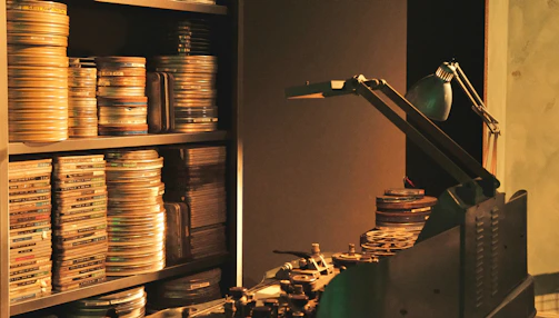 A close-up of a vintage film reel resting on a dark wooden table with soft light.