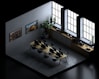 an overhead view of a conference room with tables and chairs