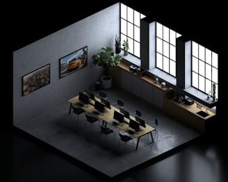 an overhead view of a conference room with tables and chairs