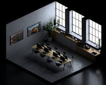 an overhead view of a conference room with tables and chairs