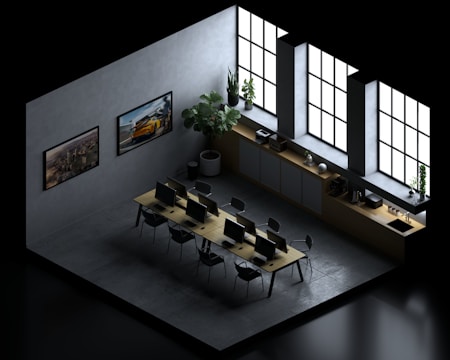 an overhead view of a conference room with tables and chairs