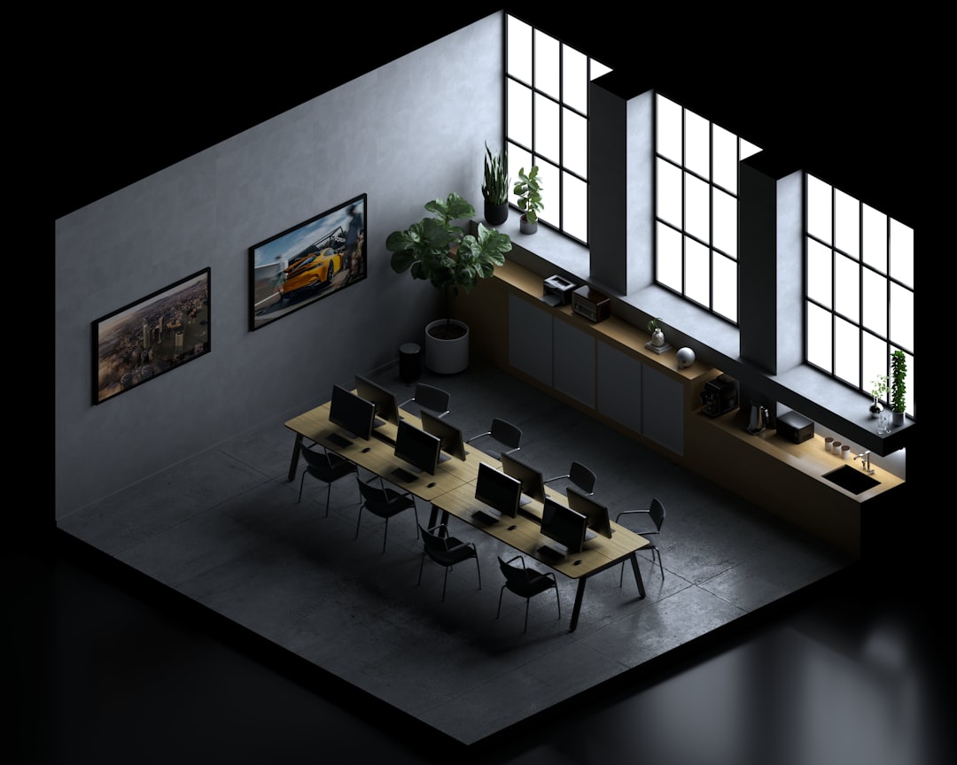 Dark luxury workspace with overhead conference room view