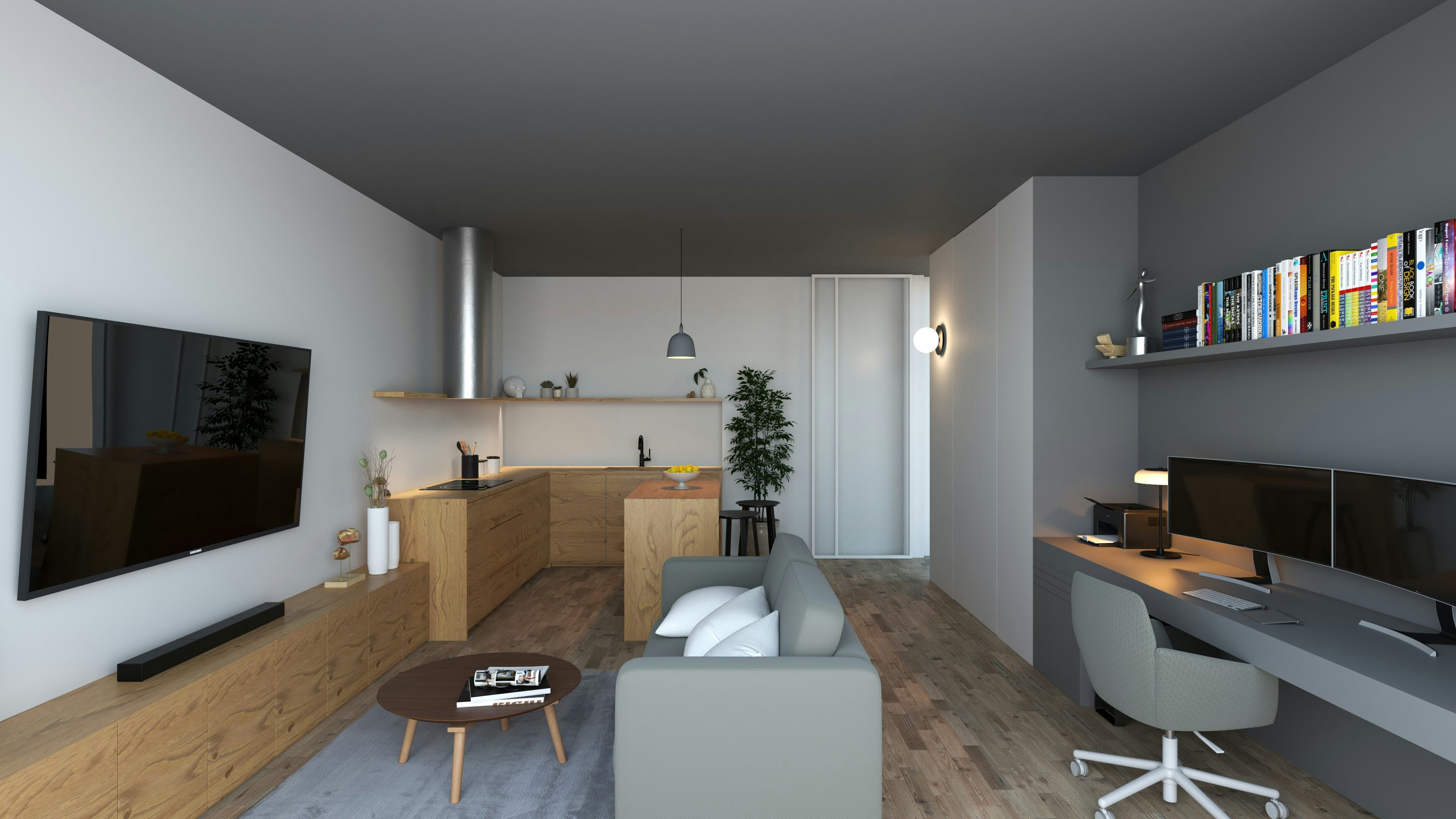 a living room with a couch a table and a tv