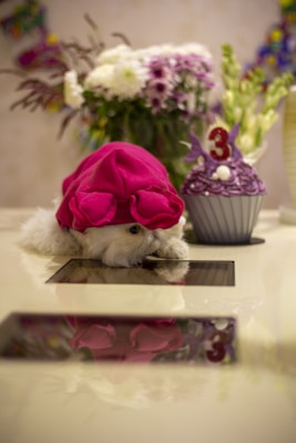 A small dog wearing a bright pink hat rests its head on a reflective surface. Beside the dog is a purple cupcake with a number three candle on top, suggesting a celebration or birthday. In the background, there is a bouquet of mixed flowers in various colors, including white and purple.