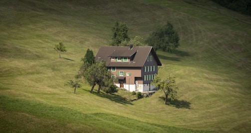 A solitary house with a brown roof and green shutters is situated on a grassy hillside. Surrounding the house are a few trees, and the expansive field extends into the distance with gentle undulations.