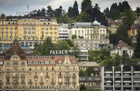 A collection of ornate buildings with classical architectural styles nestled on a lush, green hillside. The prominent structures in the foreground display historical elegance, with their elaborate fa&ccedil;ades and roof designs. The words 'Montana' and 'Palace' are visible on the rooftops of two distinct buildings, indicating their possible identities or functions. These buildings are surrounded by trees and greenery, creating a harmonious blend of nature and architecture.