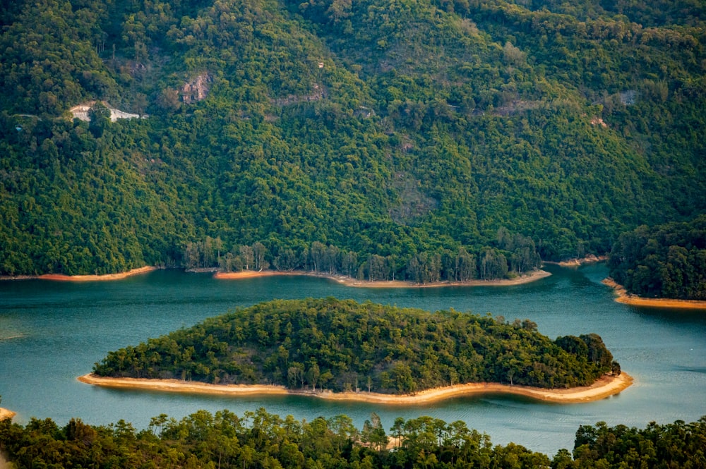 a large body of water surrounded by a lush green hillside