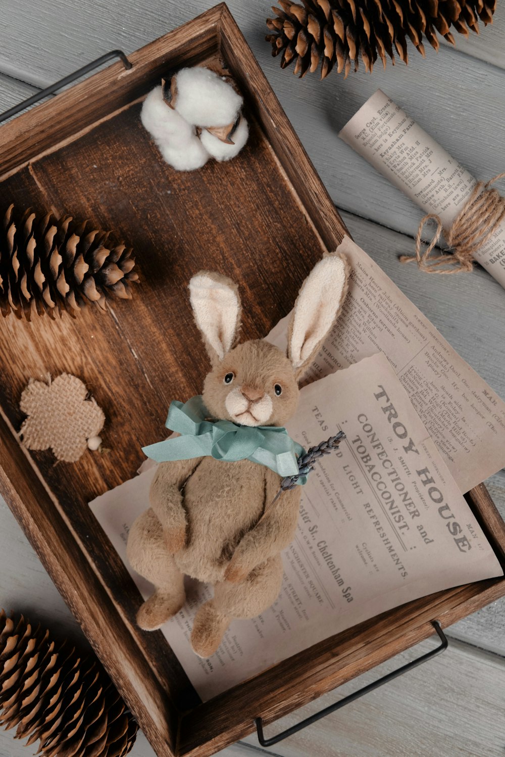 a stuffed rabbit sitting on top of an open book