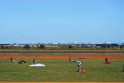 An aerial view of a drop zone bustling with activity.
