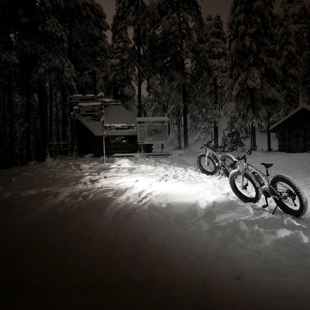 雪の中にある自転車のカップル