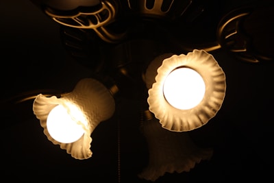 Two illuminated ceiling fan lights with decorative, scalloped glass shades emit a warm glow. The lights are positioned against a dark background, highlighting their brightness and intricate details.