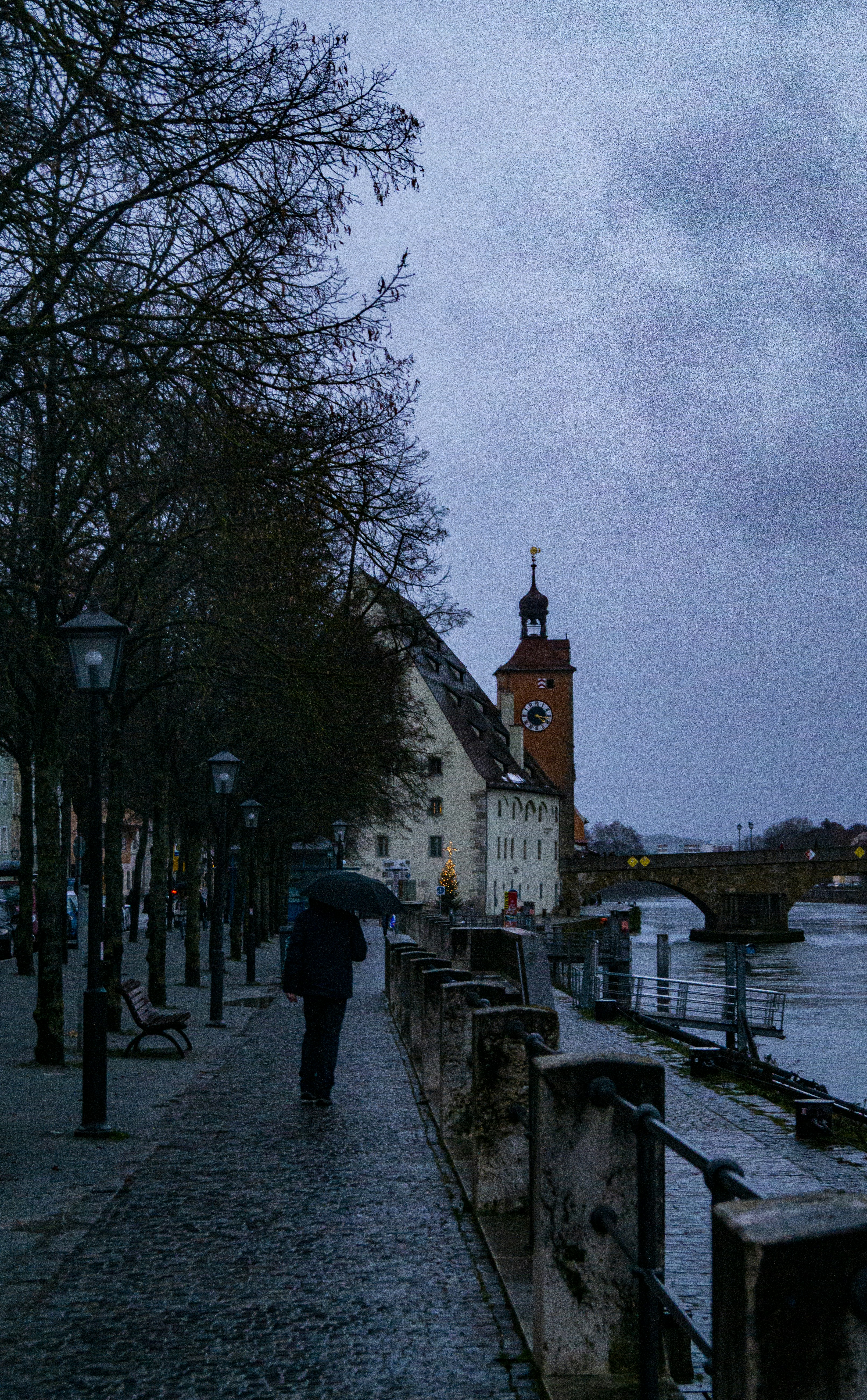 a person walking down a street with an umbrella