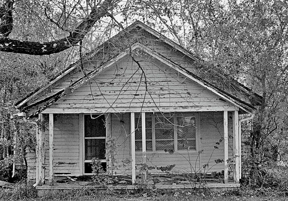 a black and white photo of a small house