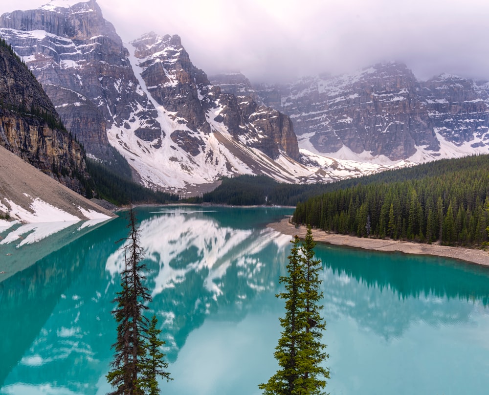 a mountain lake surrounded by snow covered mountains