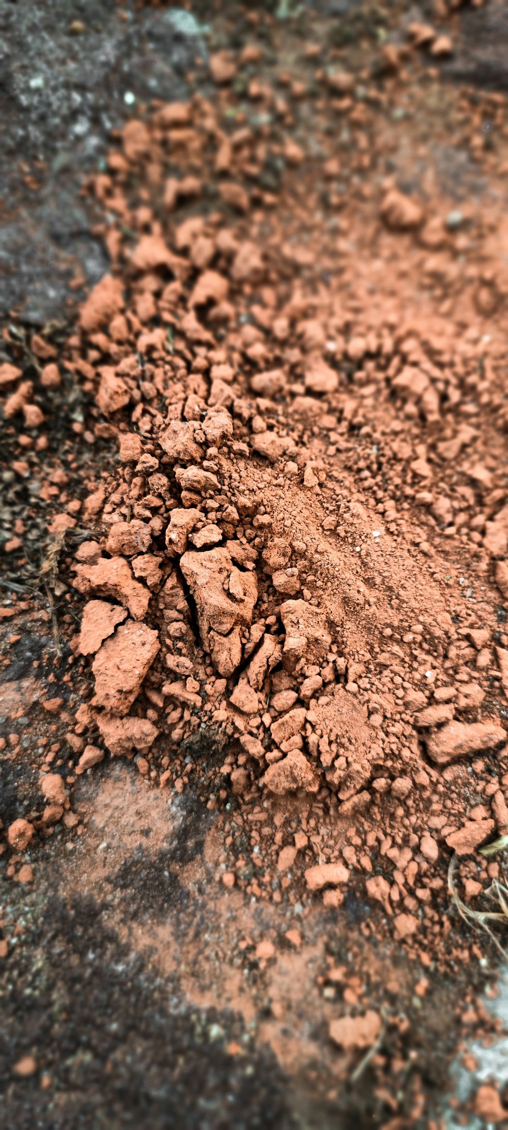 a close up of a dirt field with a fire hydrant in the background