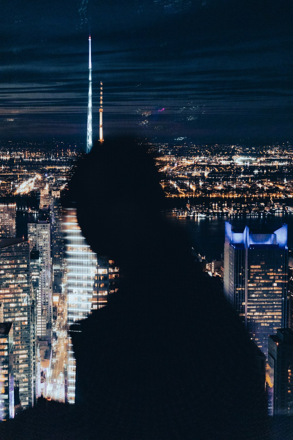 a man standing in front of a view of a city at night